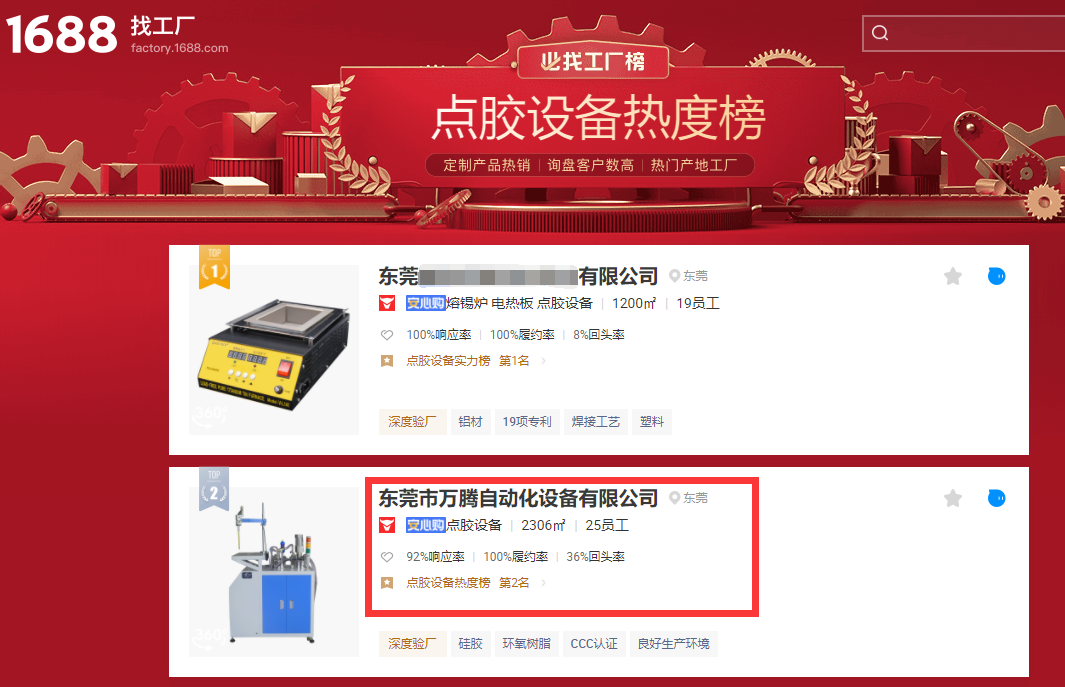 萬騰灌膠機榮登阿里巴巴點膠設備熱度榜第二名